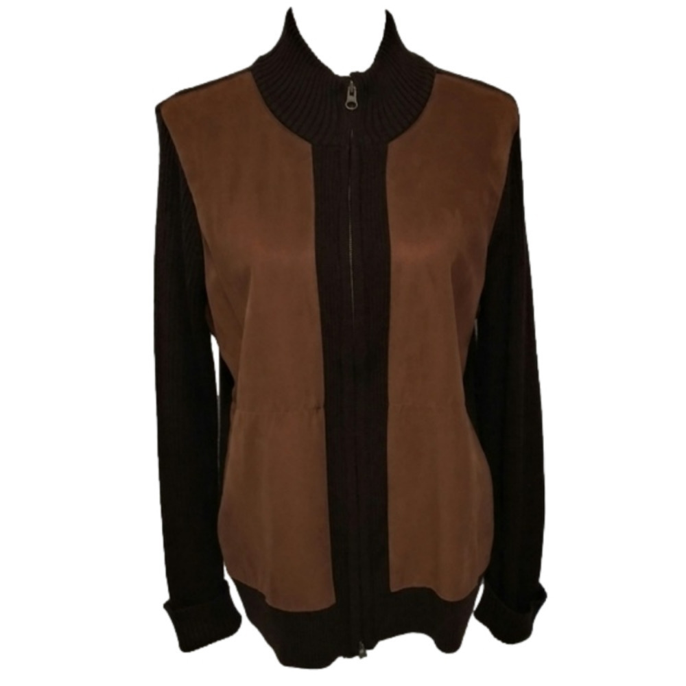 Jaclyn Smith Brown Knit Suede Leather Long Sleeve Zip Up Sweater Cardigan